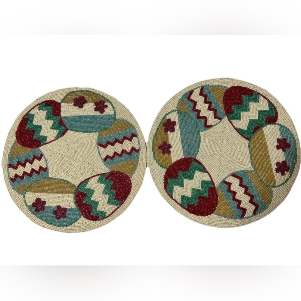 Beaded Round Placemat Charger 14” set 2 Easter Eggs Cream Base Multicolor pastel